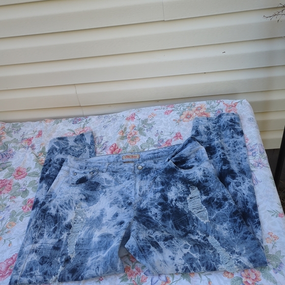 SOLD   Women's Stretch Tye Dyed Blue Denim Distressed Jeans Size 22W Elite Jeans - Picture 11 of 12